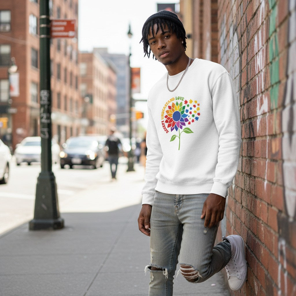 Black man wearing a white autism awareness sweatshirt with a rainbow sunflower design.