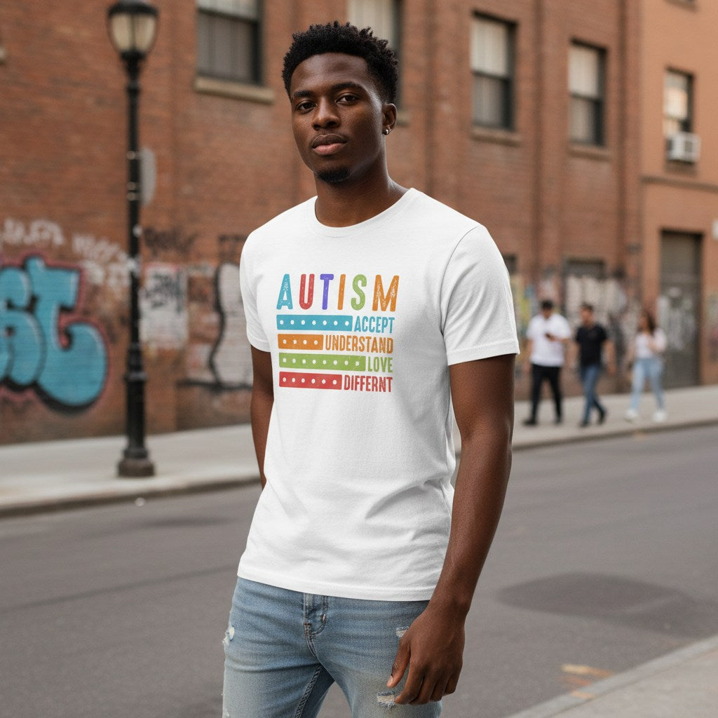 Black man wearing a white autism awareness T-shirt.