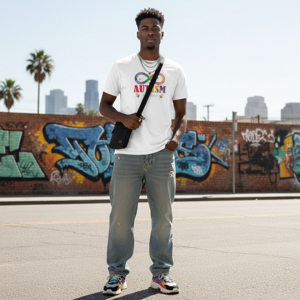 Black man wearing a white autism acceptance infinity symbol t-shirt.