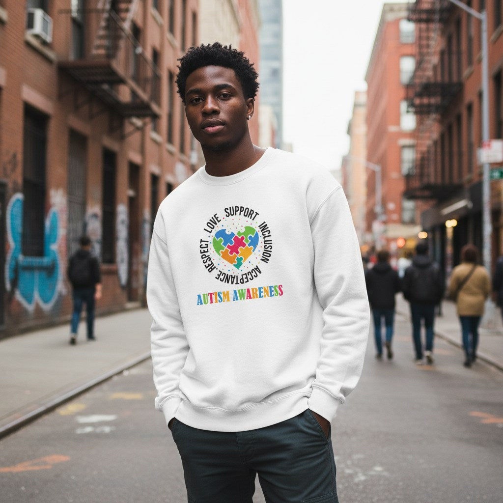 Black man wearing a white autism awareness puzzle heart sweatshirt.