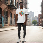 Black man wearing a white autism awareness puzzle piece t-shirt.