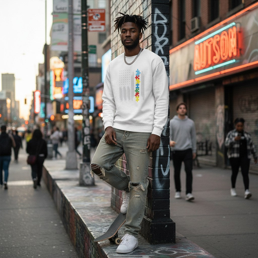 Black man wearing a white autism puzzle piece flag sweatshirt.