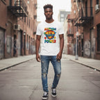 Black man wearing a white autism awareness t-shirt.