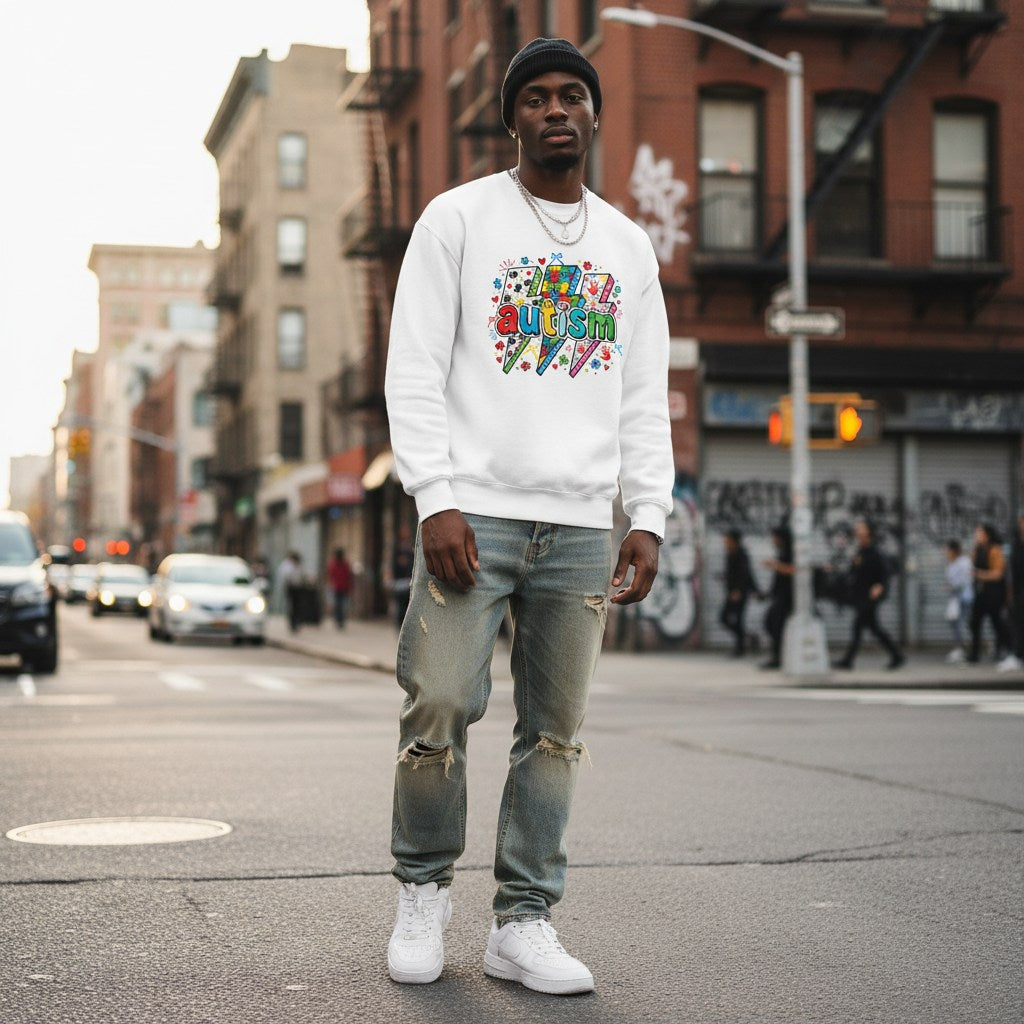 Black man wearing a white autism lightning bolt doodle sweatshirt.