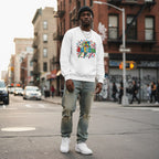 Black man wearing a white autism lightning bolt doodle sweatshirt.
