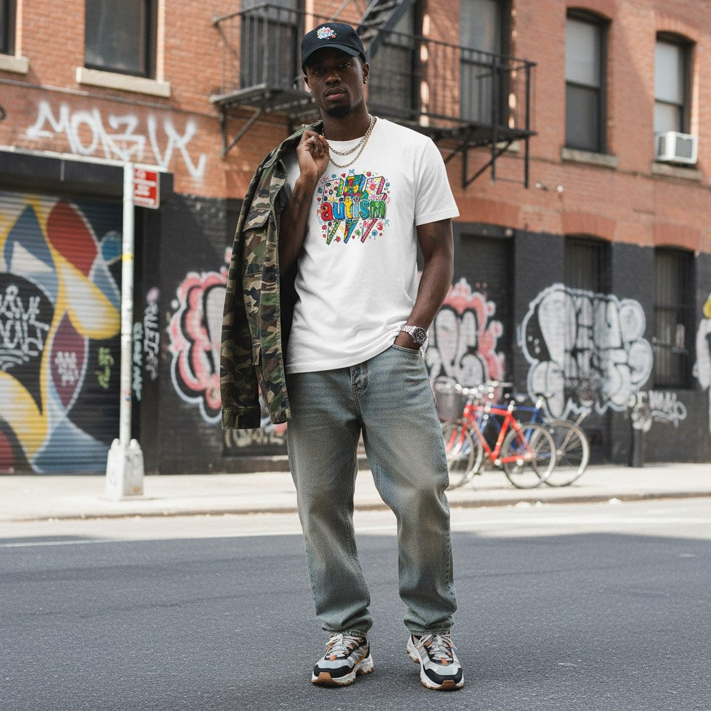 Black man wearing a white autism lightning bolt doodle t-shirt.