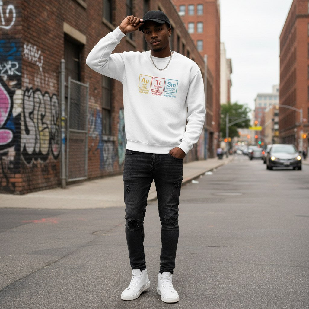 Black man wearing a white autism periodic table sweatshirt.