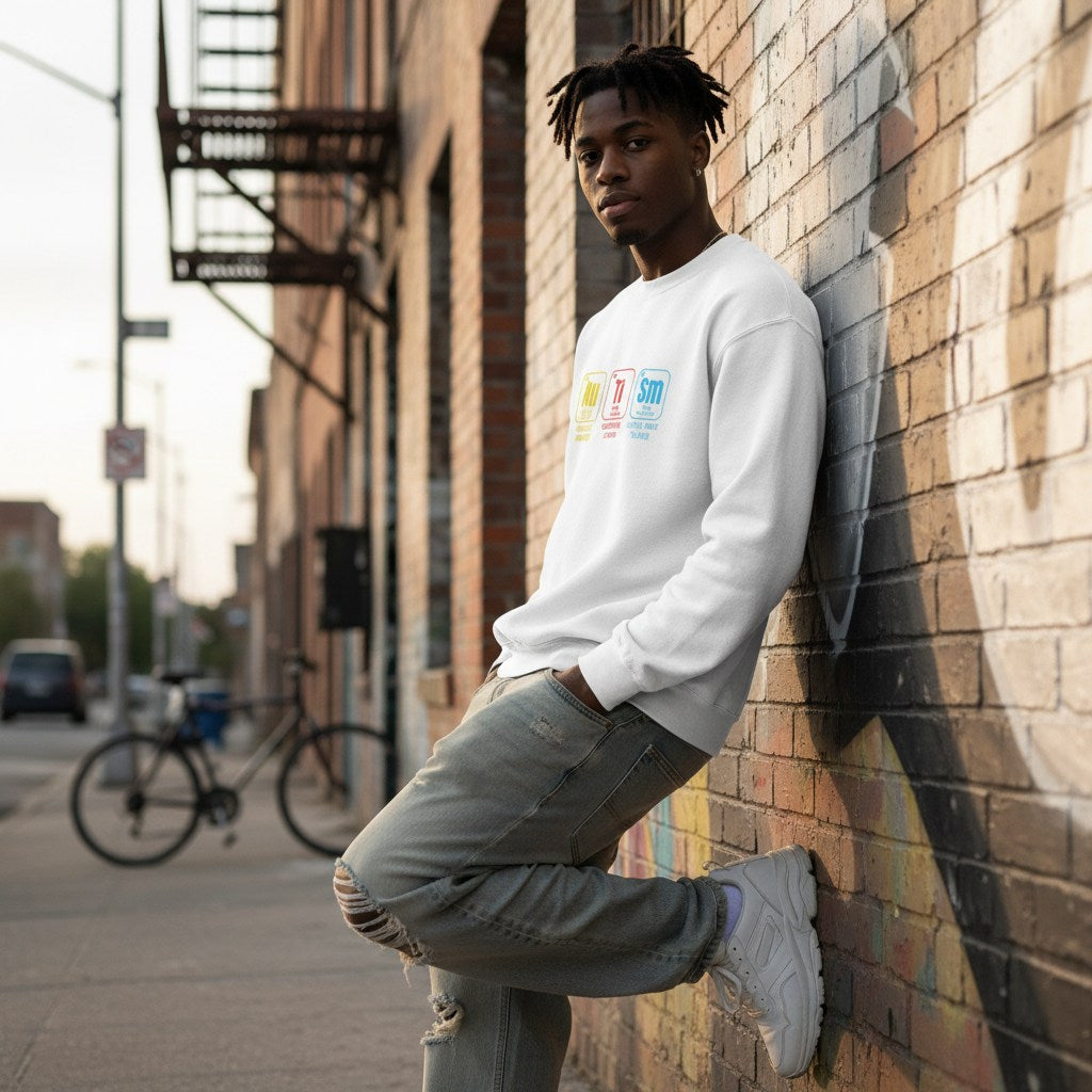 Black man wearing a white autism periodic table sweatshirt.