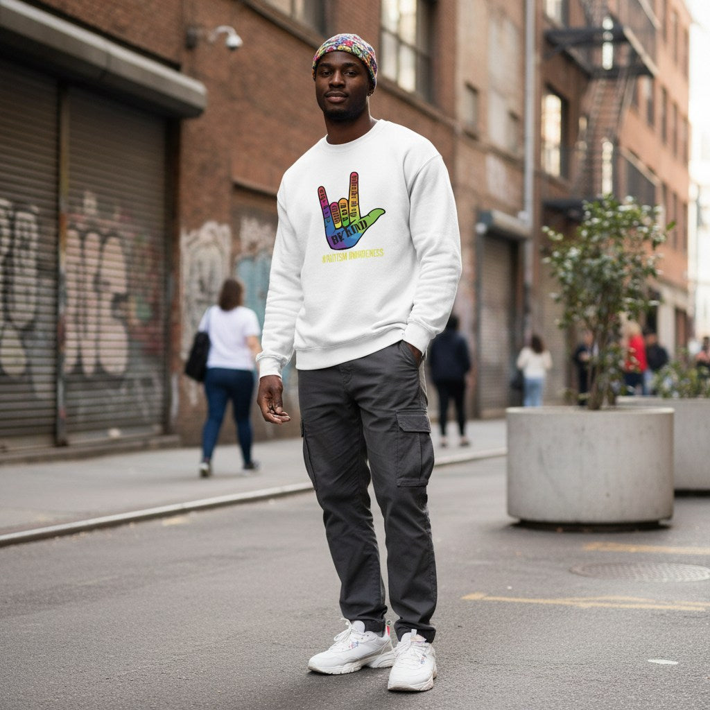 Black man wearing a white be kind autism awareness sweatshirt.