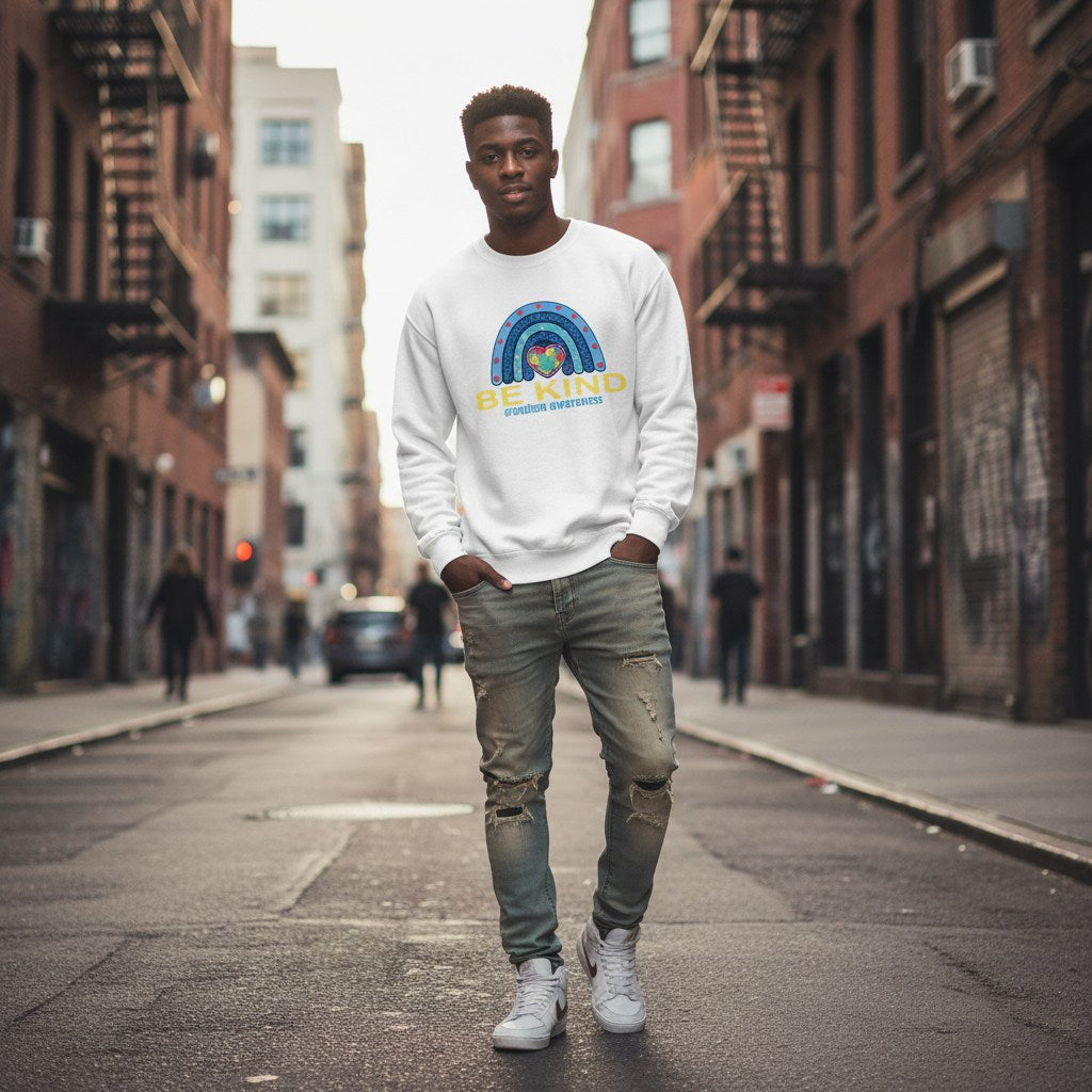 Black man wearing a white be kind autism awareness sweatshirt.