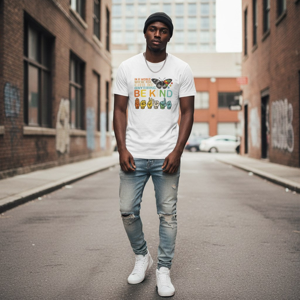 Black man wearing a white Be Kind butterfly ASL sign language t-shirt.