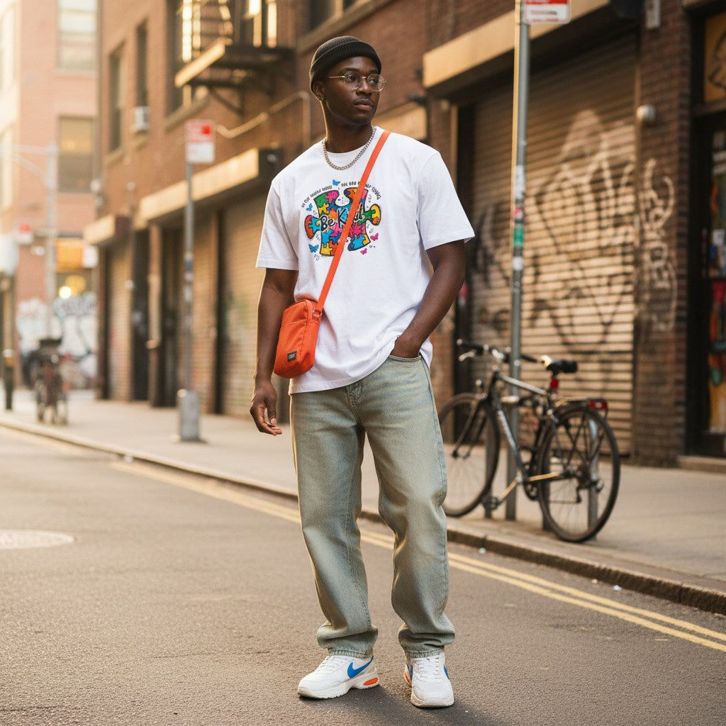 Black man wearing a white be kind autism awareness puzzle piece doodle t-shirt.