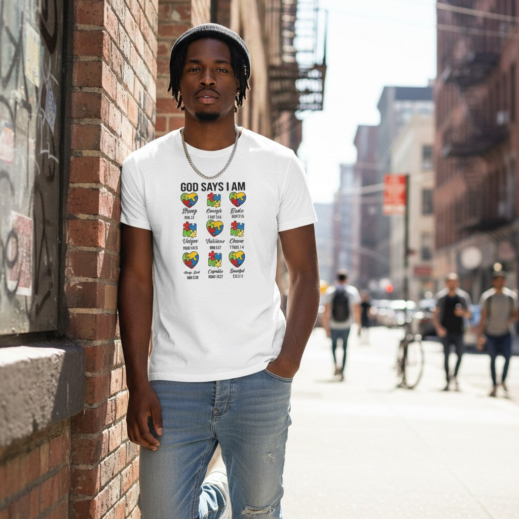 Black man wearing a white autism affirmations t-shirt.