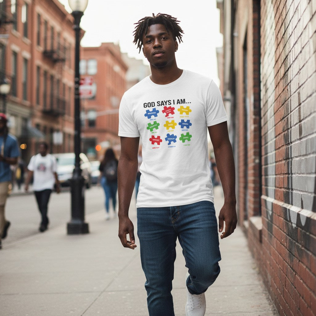 Black man wearing a white autism awareness T-shirt.
