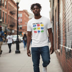 Black man wearing a white autism awareness T-shirt.