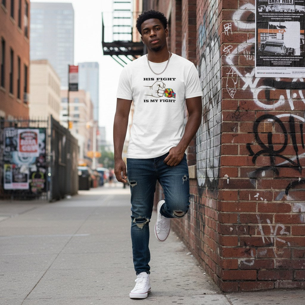 Black man wearing a white t-shirt.