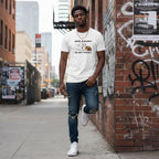 Black man wearing a white t-shirt.