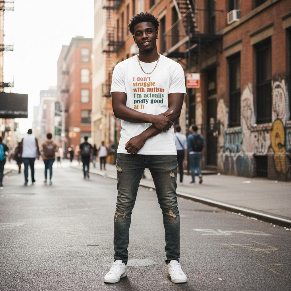 Black man wearing a white autism awareness T-shirt in a streetwear style.