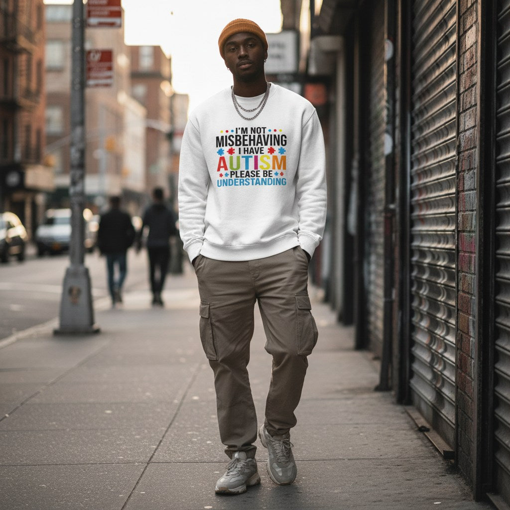 Black man wearing a white autism awareness sweatshirt.