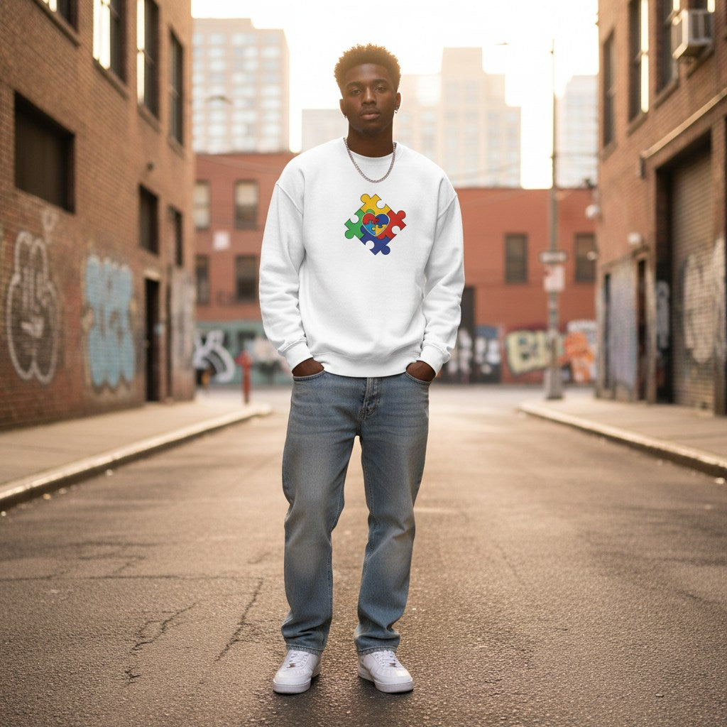 Black man wearing a white autism awareness sweatshirt featuring a puzzle heart logo.