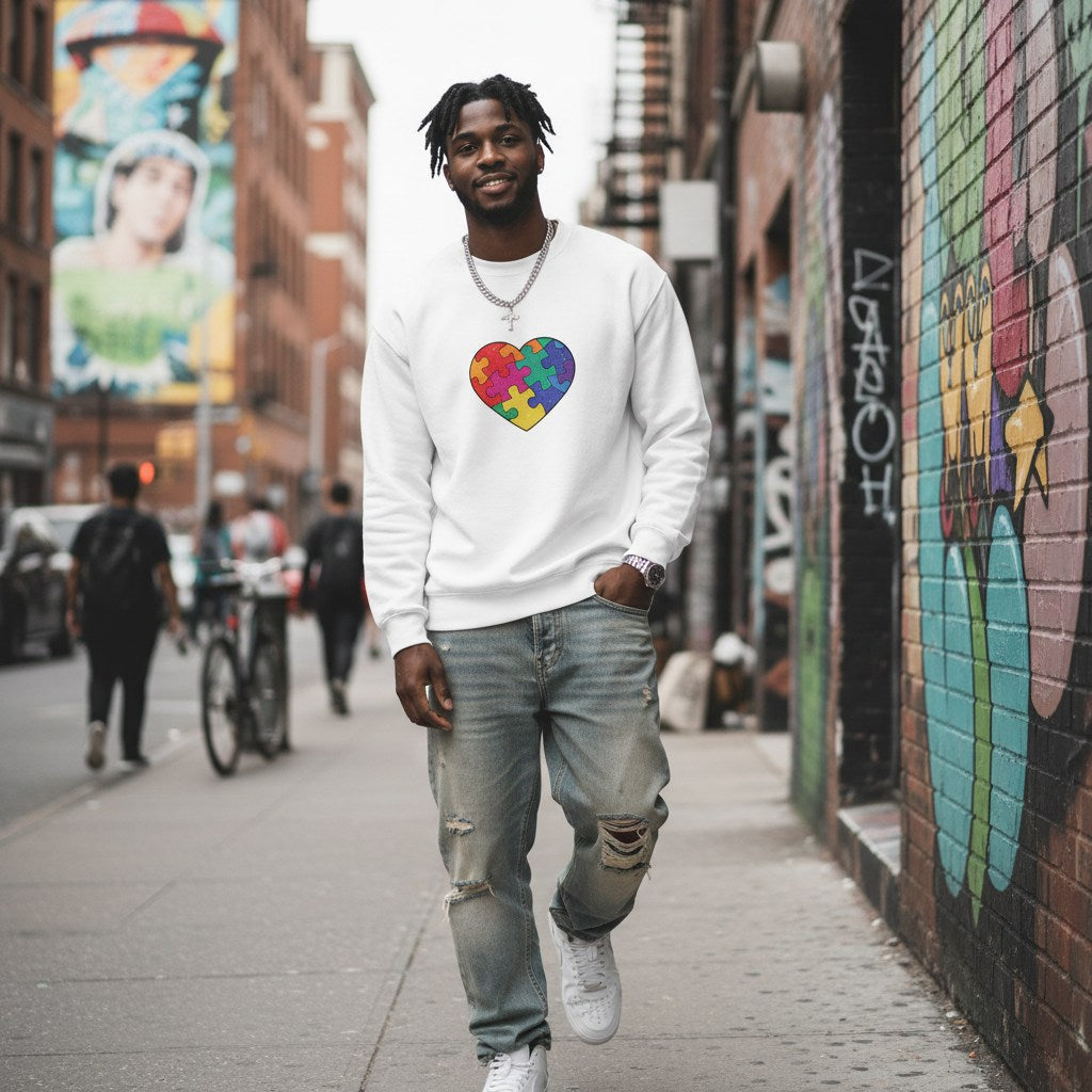 Black man wearing a white autism awareness sweatshirt with a rainbow puzzle heart.