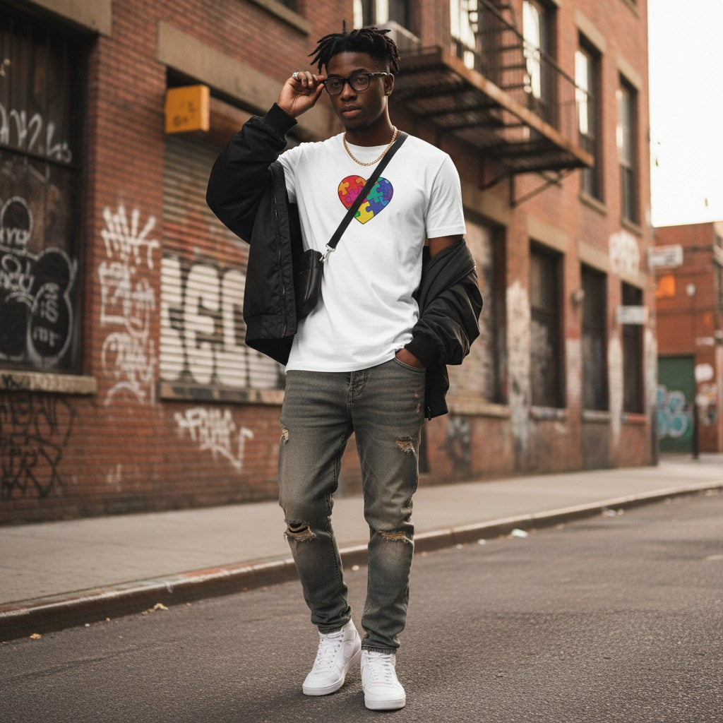 Black man wearing a white autism awareness puzzle heart T-shirt.