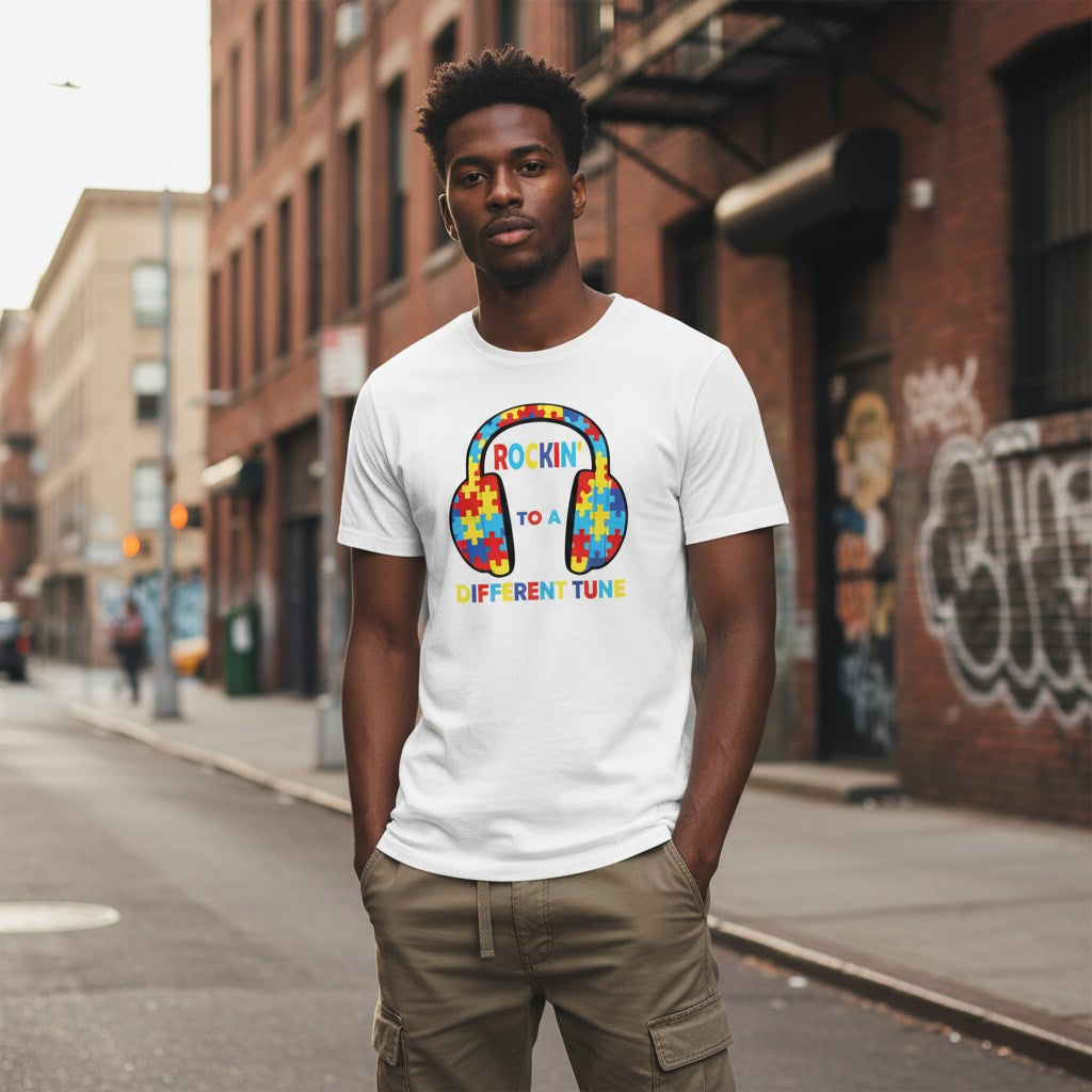 Black man wearing a white autism awareness t-shirt.