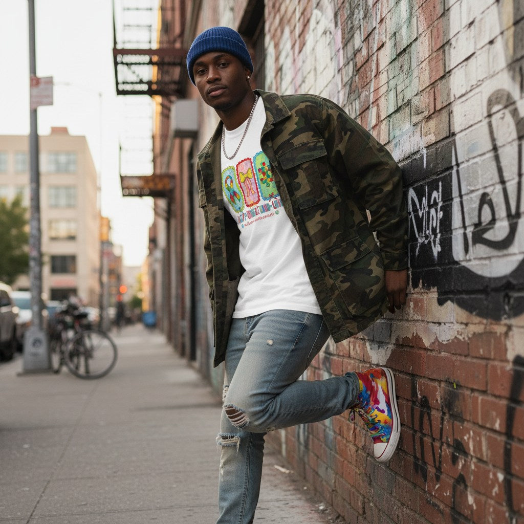 Black man wearing a white autism awareness t-shirt in a streetwear style.