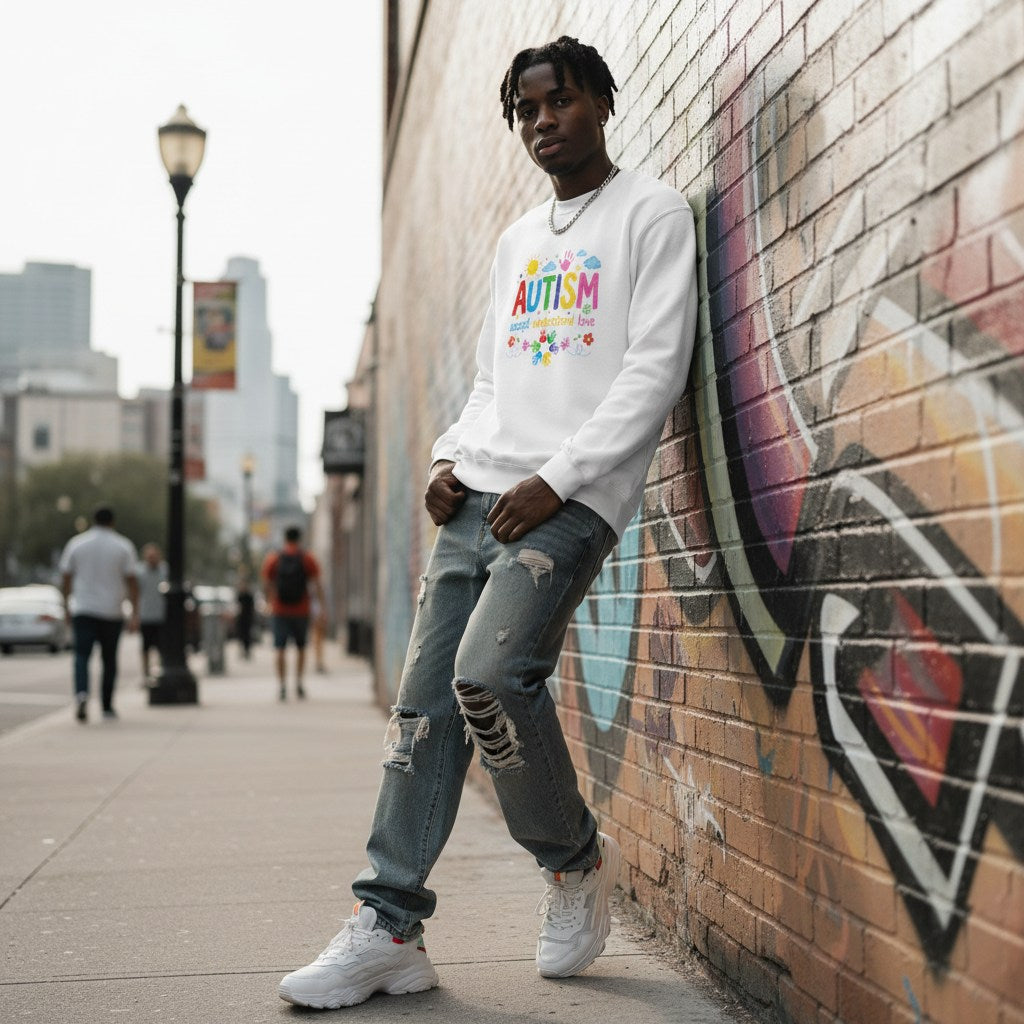 Black man wearing a white autism awareness sweatshirt.