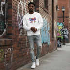 Black man wearing a white autism awareness puzzle bow sweatshirt in a streetwear style.
