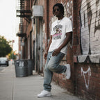 Black man in a streetwear style photo wearing a white t-shirt.