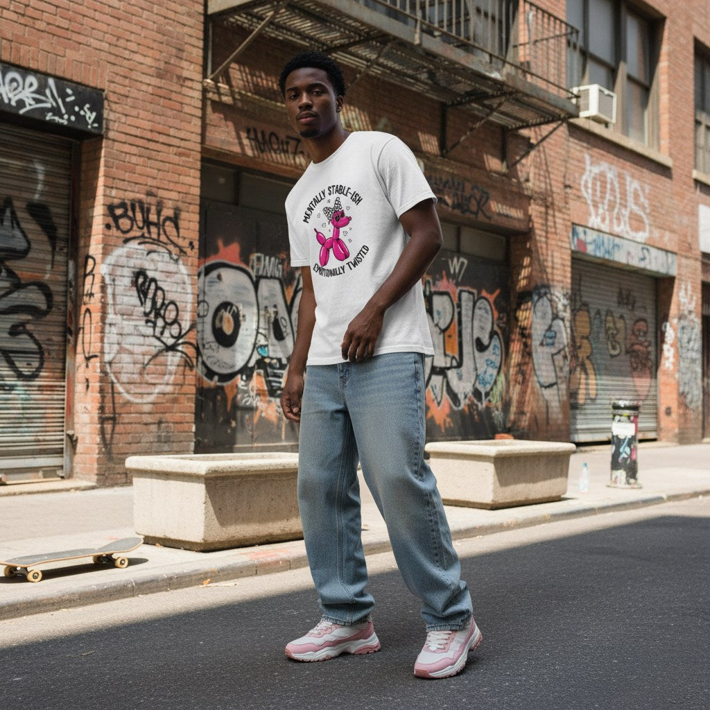 Black man in a streetwear style photo wearing a white t-shirt.