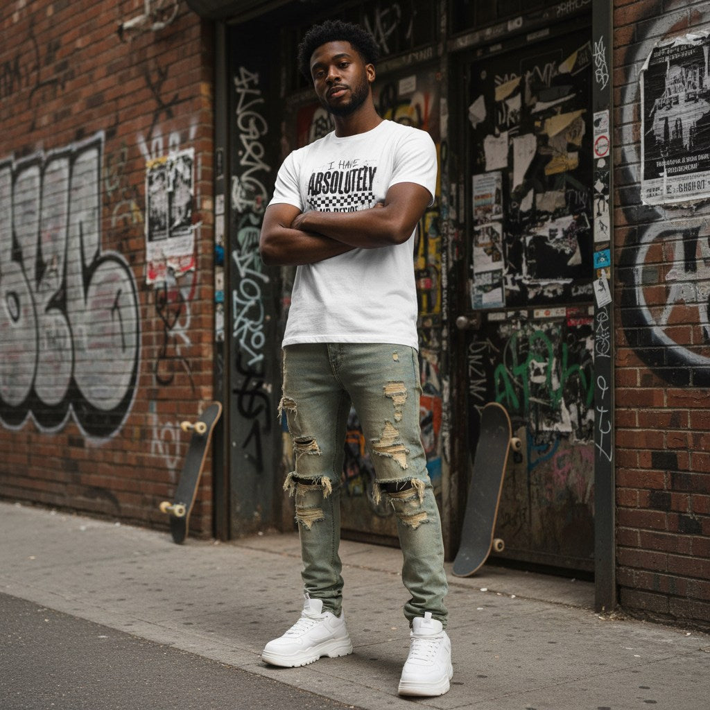 Black man in a streetwear style photo wearing a white t-shirt.