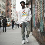 Black man wearing a white autism awareness sweatshirt.