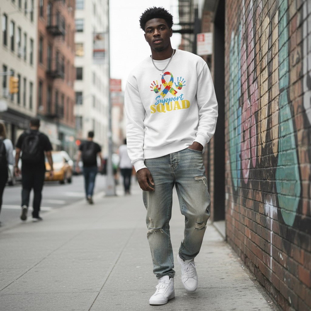 Black man wearing a white autism awareness sweatshirt.
