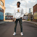 Black man wearing a white support squad autism awareness sweatshirt.