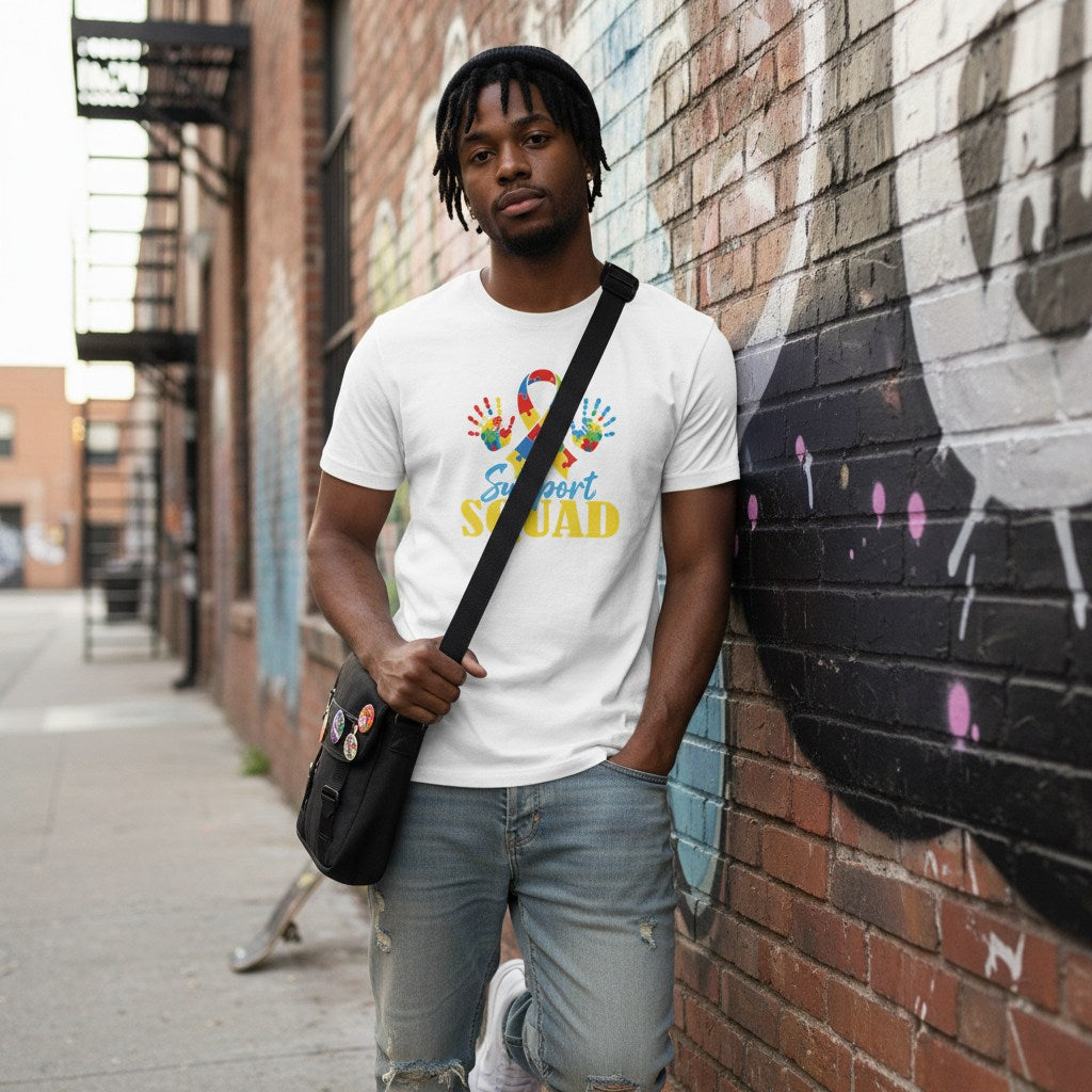 Black man wearing a white autism awareness T-shirt.