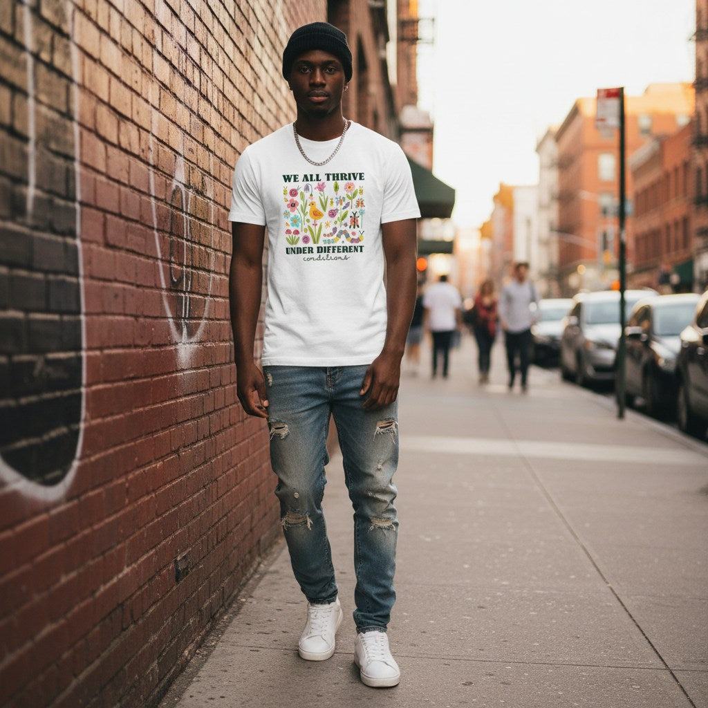 Black man wearing a white neurodiversity t-shirt.