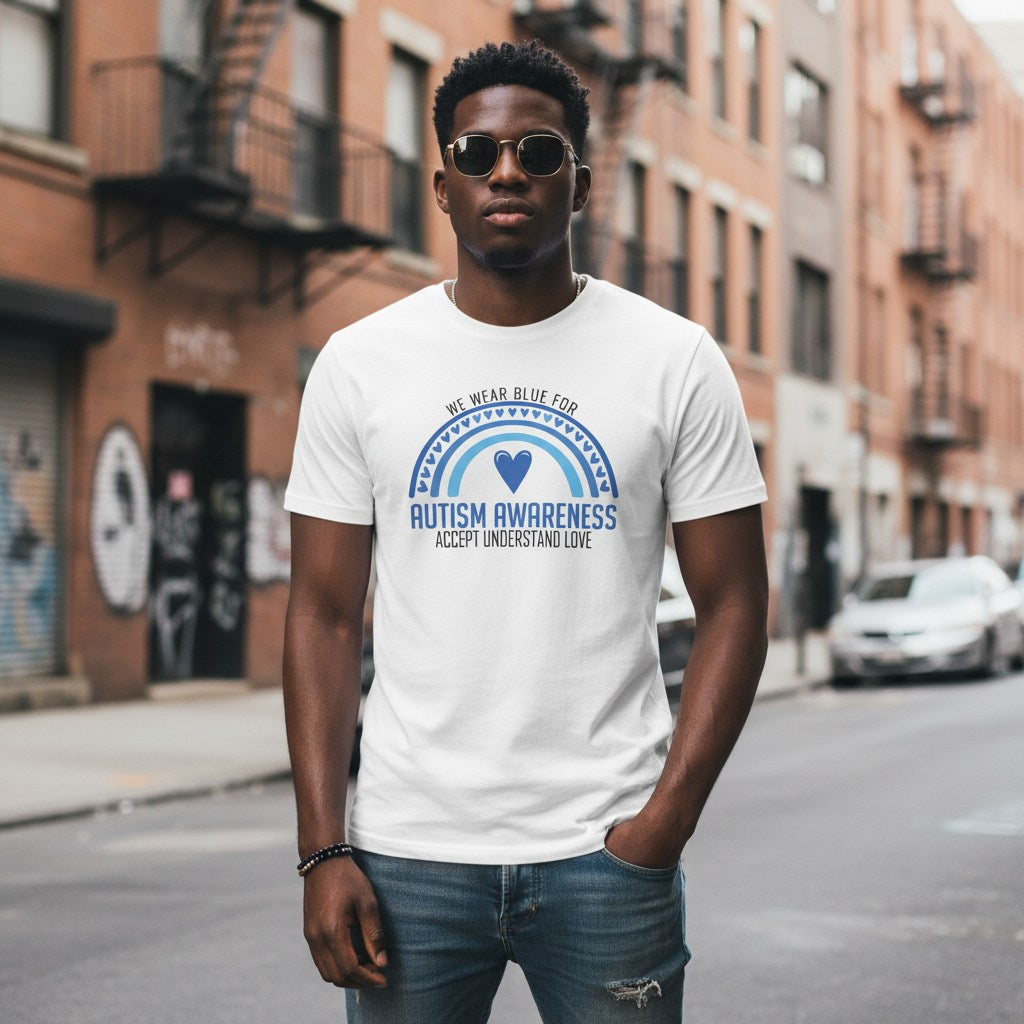 Black man wearing a white We Wear Blue autism awareness t-shirt.