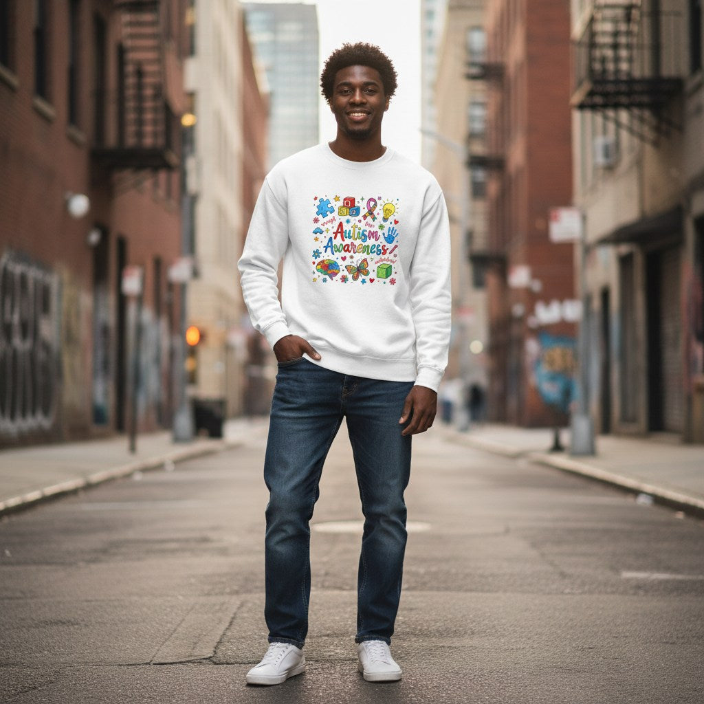 Black man wearing a white autism awareness sweatshirt.