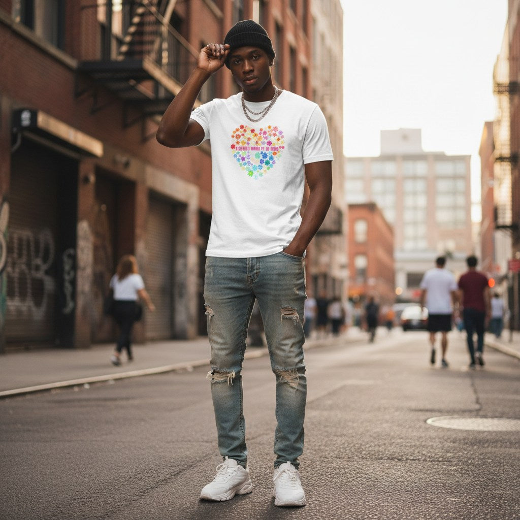 Black man wearing a white Celebrate Minds t-shirt.