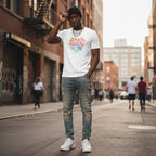 Black man wearing a white Celebrate Minds t-shirt.