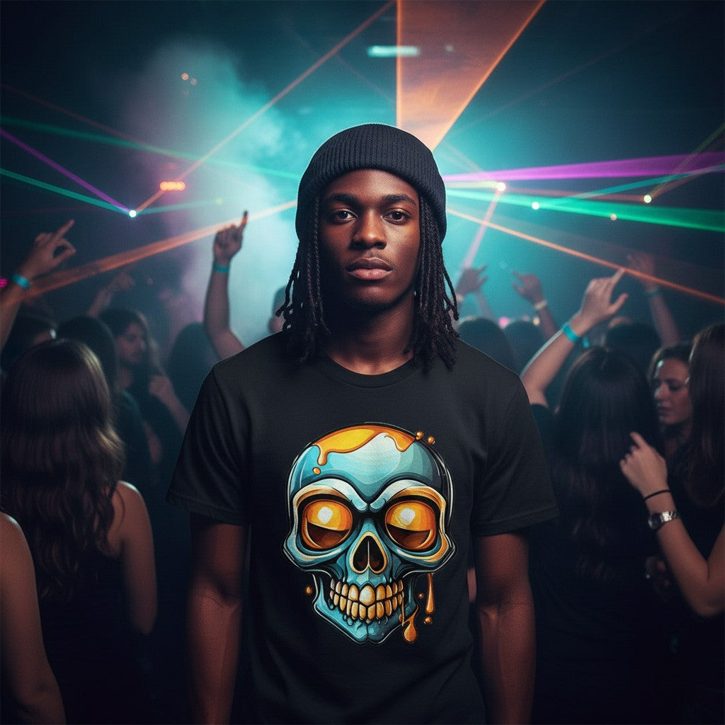 Person wearing a black t-shirt with a colorful skull design at a party.