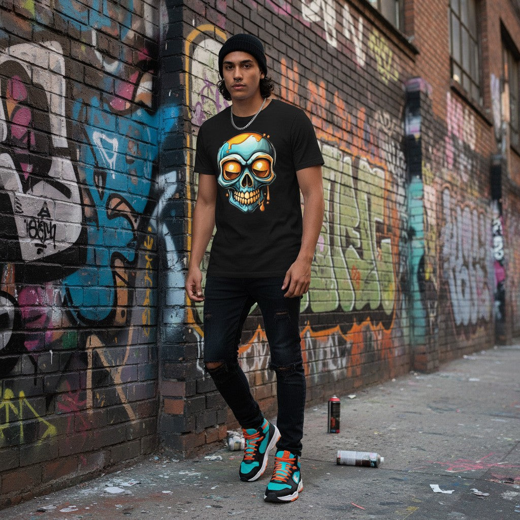 Person wearing a black t-shirt with a colorful skull design, standing in front of a graffiti-covered wall.