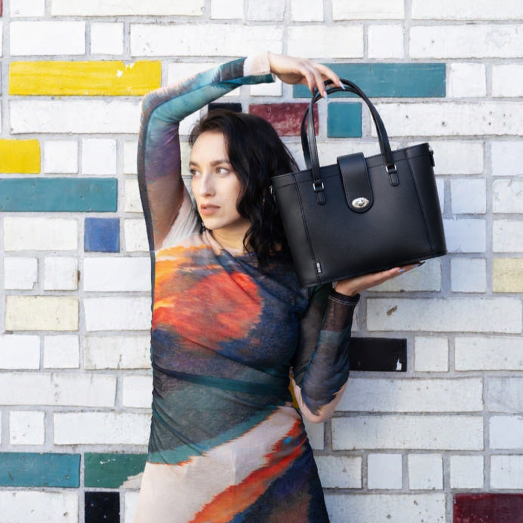 Zatchels Black mini shopper bag model view