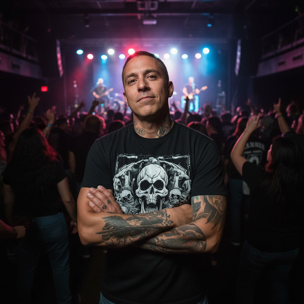 Man with tattoos wearing a black t-shirt featuring a dark skull pile design, standing in front of a concert crowd with stage lights in the background