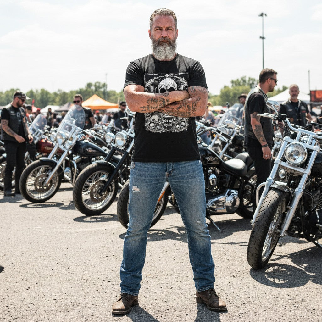 Man with tattoos wearing a black t-shirt featuring a dark skull pile design standing in front of motorcycles at a gathering