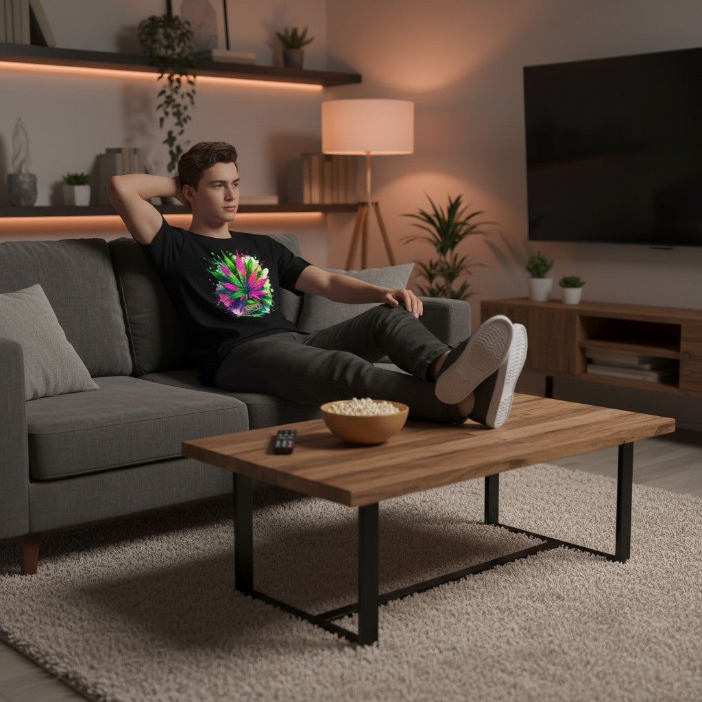 Man sitting on a couch in a living room with a coffee table and TV in the background, wearing a black t-shirt featuring a multicolored cannabis leaf