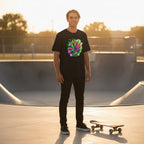 Man wearing a black t-shirt with a colorful cannabis leaf on,, standing with a skateboard at a skate park during sunset