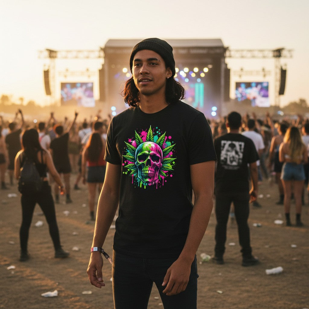 Person wearing a black t-shirt with a colorful cannabis and skull design at a music festival.
